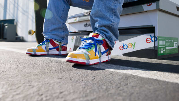View of multi-colored Nike Dunk shoes.